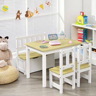 4-teiliges Tisch-Bank-Stuhl-Set für Kinder 2 in 1 Set aus Holz Natur + Weiss