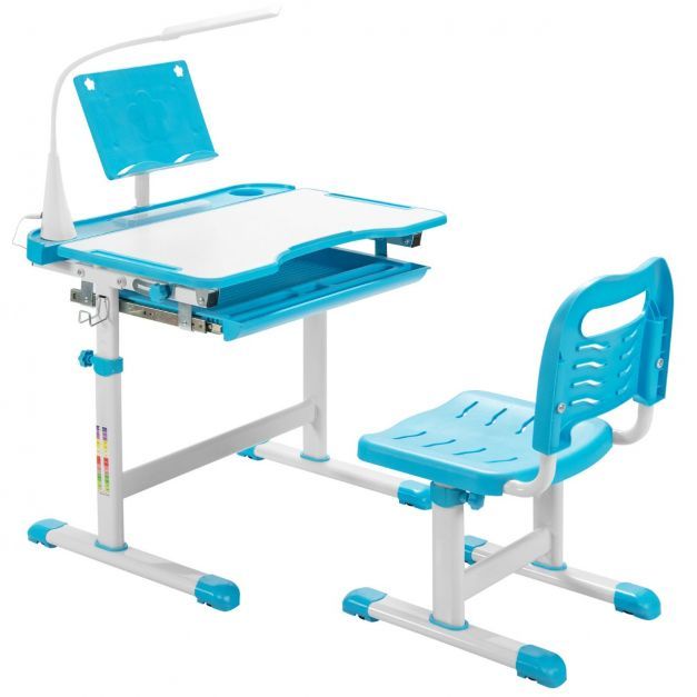 Kinderschreibtisch Set mit Bücherständer &amp; LED-Licht blau