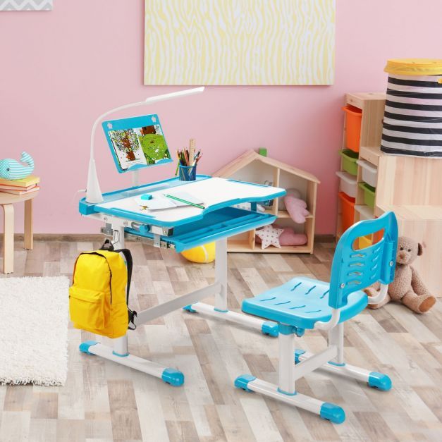 Kinderschreibtisch Set mit Bücherständer &amp; LED-Licht blau
