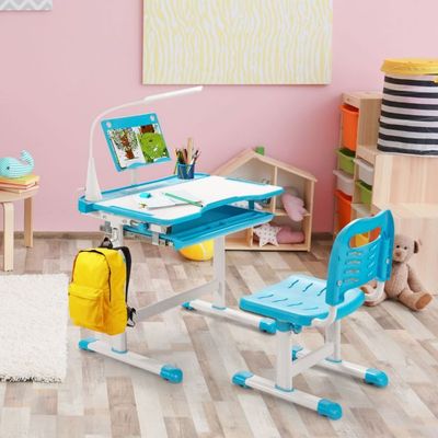 Kinderschreibtisch Set mit Bücherständer &amp; LED-Licht blau