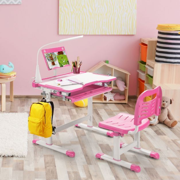 Kinderschreibtisch Set mit Bücherständer &amp; LED-Licht rosa