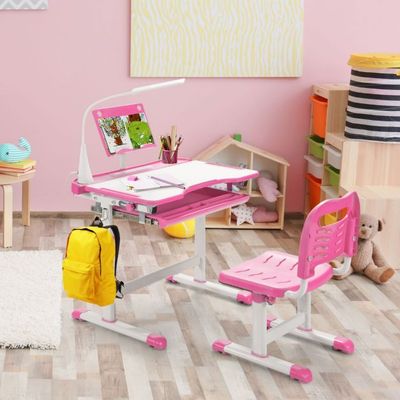 Kinderschreibtisch Set mit Bücherständer & LED-Licht rosa