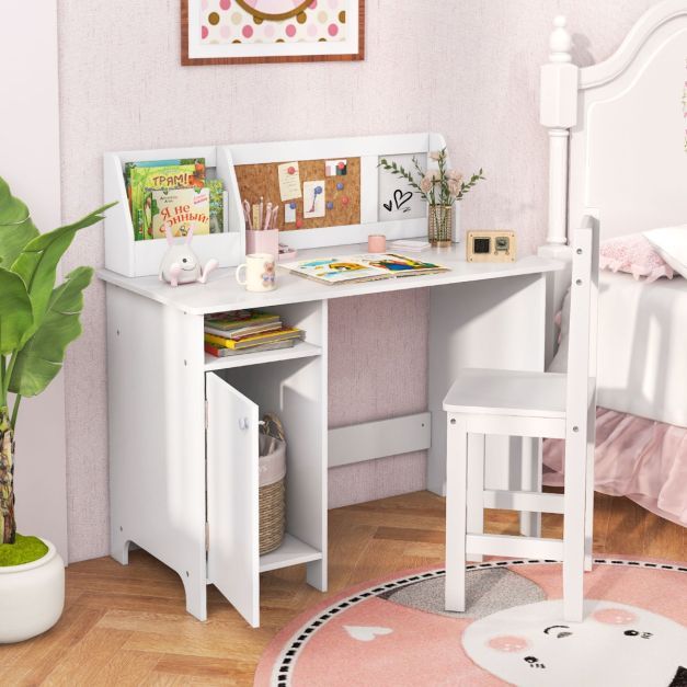 Holz Kinderschreibtisch Set mit Stuhl &amp; Bücherregal &amp; Schrank &amp; Pinnwand Schreibtisch Weiss