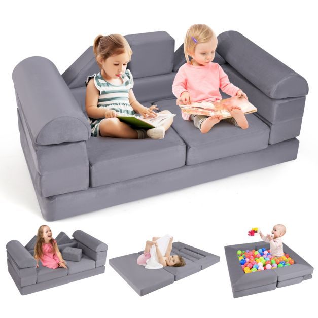 Modulares Kindersofa 9-teiliges Spielsofa aus Schaumstoff Bausteine mit bequemem Wildlederstoff Grau
