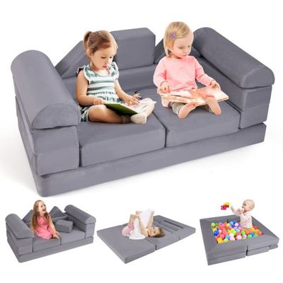 Modulares Kindersofa 9-teiliges Spielsofa aus Schaumstoff Bausteine mit bequemem Wildlederstoff Grau