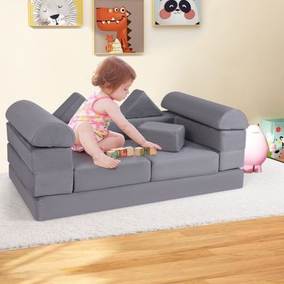 Modulares Kindersofa 9-teiliges Spielsofa aus Schaumstoff Bausteine mit bequemem Wildlederstoff Grau