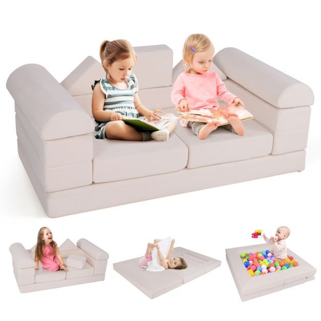 Modulares Kindersofa 9-teiliges Spielsofa aus Schaumstoff Bausteine mit bequemem Wildlederstoff beige