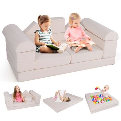 Modulares Kindersofa 9-teiliges Spielsofa aus Schaumstoff Bausteine mit bequemem Wildlederstoff beige