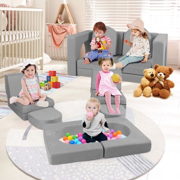 Kindersofa 8-teilig Spielsofa aus Schaumstoff Bausteine mit bequemem Wildlederstoff grau