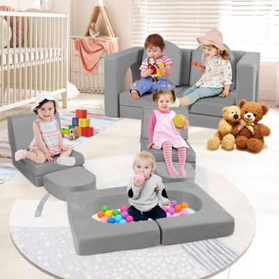 Kindersofa 8-teilig Spielsofa aus Schaumstoff Bausteine mit bequemem Wildlederstoff grau
