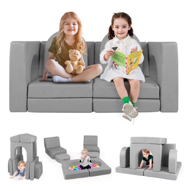 Kindersofa 8-teilig Spielsofa aus Schaumstoff Bausteine mit bequemem Wildlederstoff grau