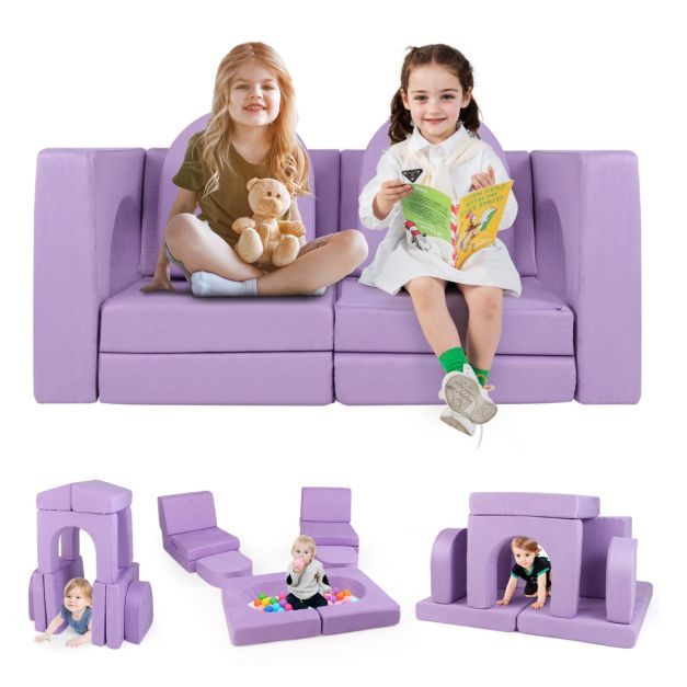 Kindersofa 8-teilig Spielsofa aus Schaumstoff Bausteine mit bequemem Wildlederstoff Lila