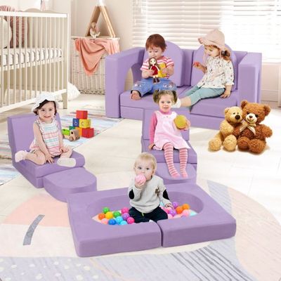 Kindersofa 8-teilig Spielsofa aus Schaumstoff Bausteine mit bequemem Wildlederstoff Lila