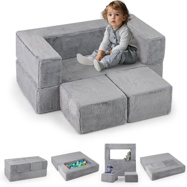 Modulares Kindersofa Spielsofa Schaumstoffbausteine mit abnehmbarem Plüschbezug Grau