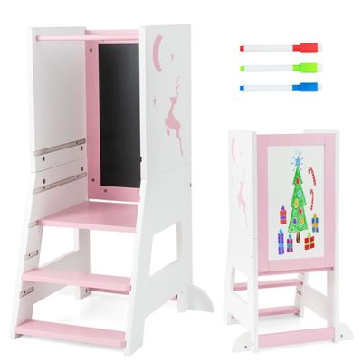 2 in 1 Kinder Lernturm mit doppelseitiger Tafel &amp; 3 verstellbare Höhen Küchenhocker Trittschemel rosa