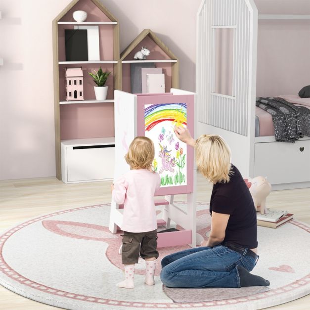 2 in 1 Kinder Lernturm mit doppelseitiger Tafel &amp; 3 verstellbare Höhen Küchenhocker Trittschemel rosa