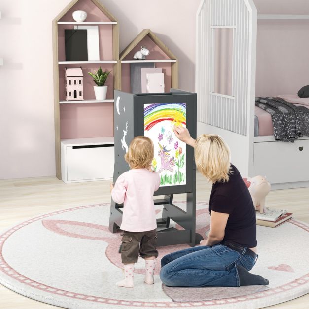 2 in 1 Kinder Lernturm mit doppelseitiger Tafel &amp; 3 verstellbare Höhen Küchenhocker Trittschemel grau