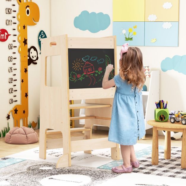 2 in 1 Küchenhelfer Lernturm mit Kreidetafel Tritthocker natur