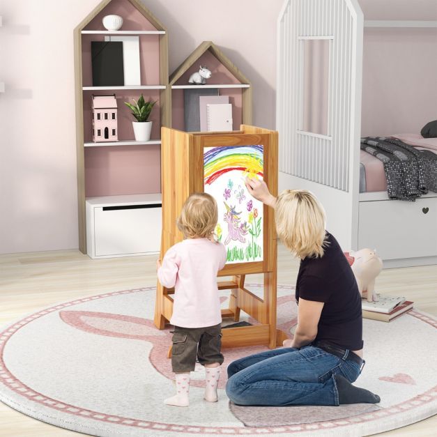 2 in 1 Kinder Lernturm mit doppelseitiger Tafel &amp; 3 verstellbare Höhen Küchenhocker Trittschemel natur
