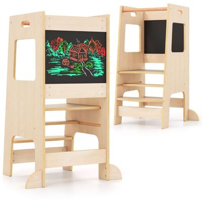 2 in 1 Küchenhelfer Lernturm mit Kreidetafel Tritthocker natur