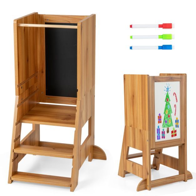 2 in 1 Kinder Lernturm mit doppelseitiger Tafel &amp; 3 verstellbare Höhen Küchenhocker Trittschemel natur