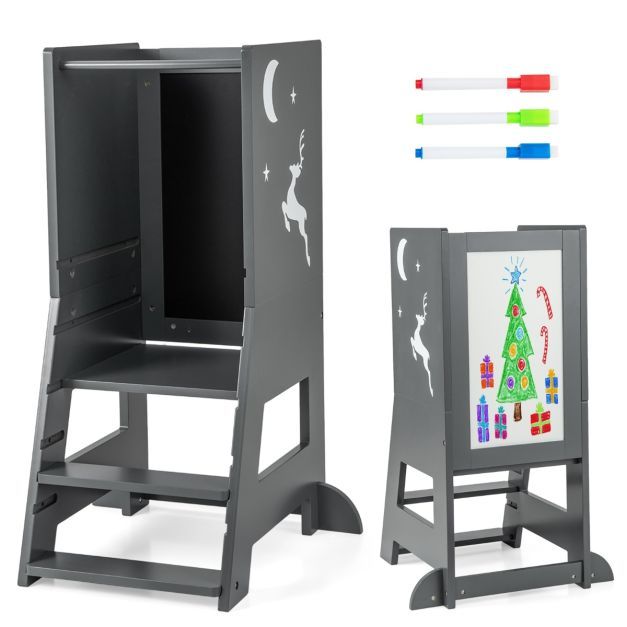 2 in 1 Kinder Lernturm mit doppelseitiger Tafel &amp; 3 verstellbare Höhen Küchenhocker Trittschemel grau
