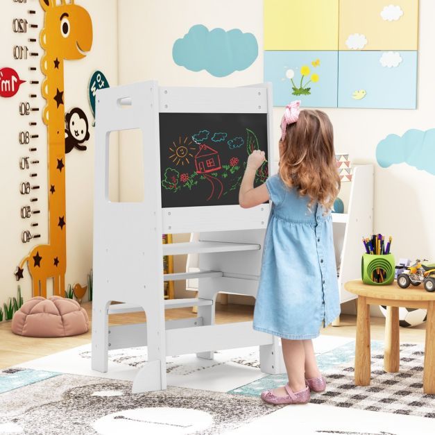 2 in 1 Küchenhelfer Lernturm mit Kreidetafel Tritthocker weiss