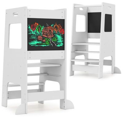 2 in 1 Küchenhelfer Lernturm mit Kreidetafel Tritthocker weiss