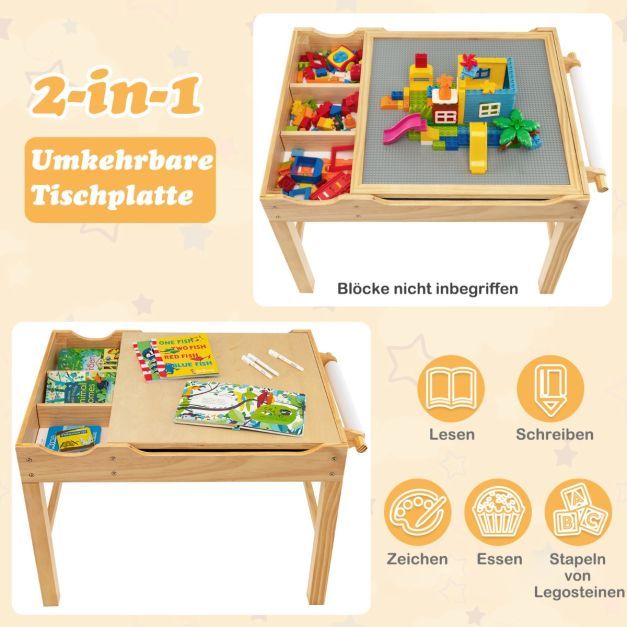 2 in 1 Kindertisch aus Kiefernholz mit Umkehrbarer Tischplatte &amp; Stauraum &amp; Papierrolle Natur