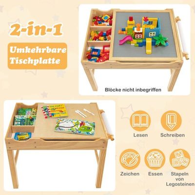 2 in 1 Kindertisch aus Kiefernholz mit Umkehrbarer Tischplatte & Stauraum & Papierrolle Natur
