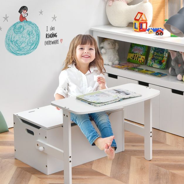 3 in 1 Kinder-Aktivitätstisch Set mit Schreibtisch &amp; Sitzbank &amp; Aufbewahrungsbox für Kindergarten Weiss