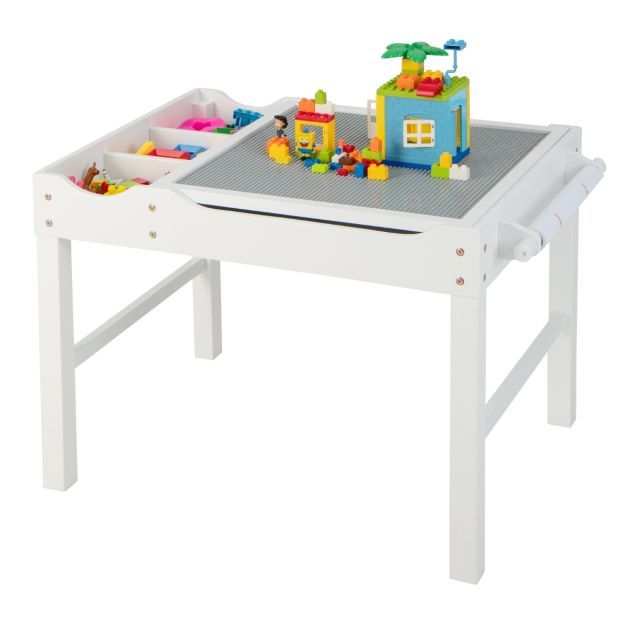2 in 1 Kindertisch aus Kiefernholz mit Umkehrbarer Tischplatte &amp; Stauraum &amp; Papierrolle weiss