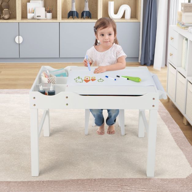 2 in 1 Kindertisch aus Kiefernholz mit Umkehrbarer Tischplatte &amp; Stauraum &amp; Papierrolle weiss