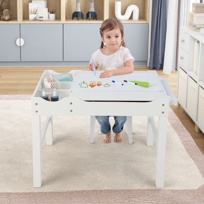 2 in 1 Kindertisch aus Kiefernholz mit Umkehrbarer Tischplatte & Stauraum & Papierrolle weiss