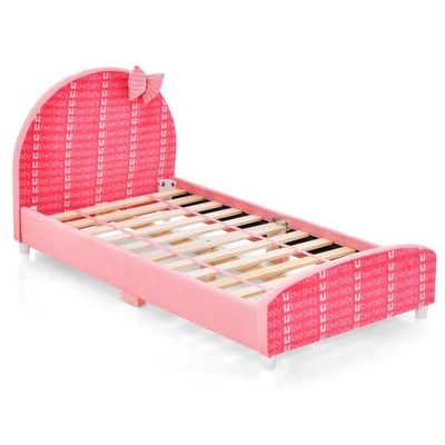 140 x 70 cm Kinderbett mit Weichem Kopfteil &amp; Fussteil Lattenrost Babybett Rosa Schleife