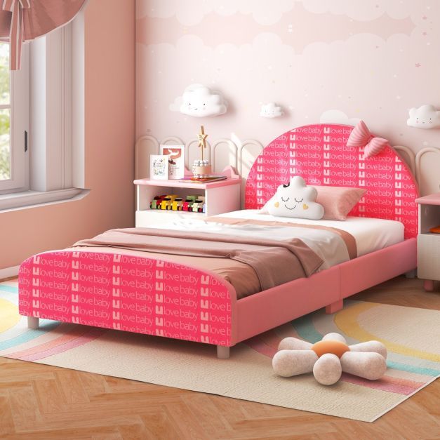 140 x 70 cm Kinderbett mit Weichem Kopfteil & Fussteil Lattenrost Babybett Rosa Schleife