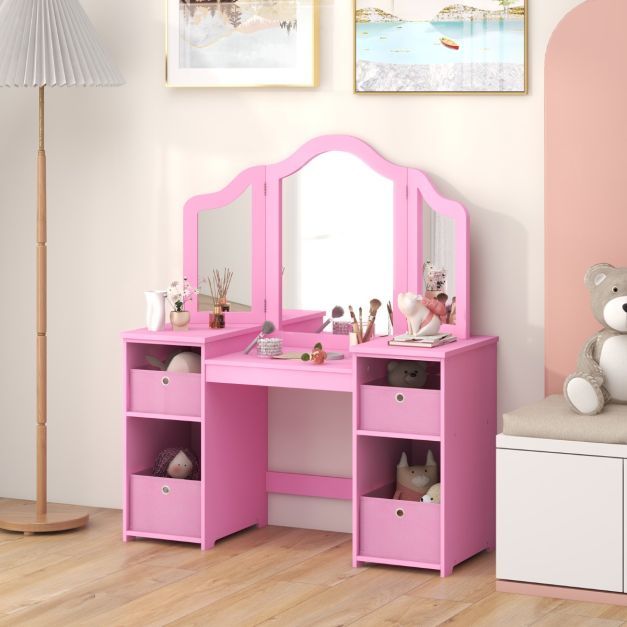 2 in 1 Kinder Schminktisch mit Abnehmbarem Spiegel & Aufbewahrungsboxen Schminkkommode rosa