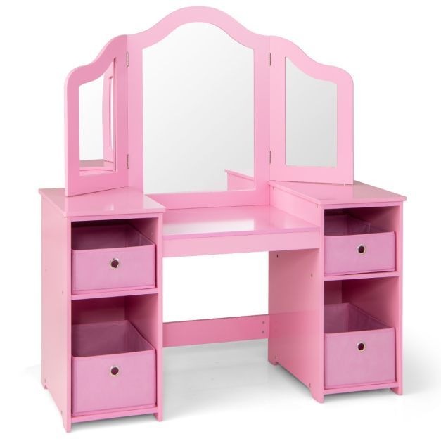 2 in 1 Kinder Schminktisch mit Abnehmbarem Spiegel &amp; Aufbewahrungsboxen Schminkkommode rosa