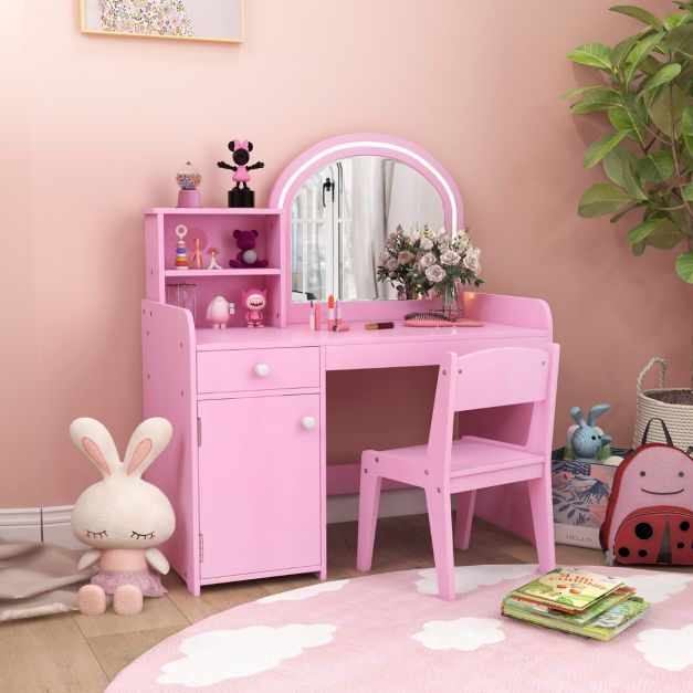 2 in 1 Kinder Schminktisch Set mit Hocker & LED-Leuchten & Spiegel & Schublade Kosmetiktisch rosa
