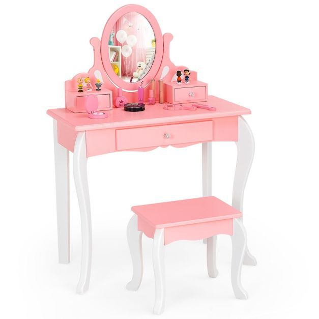 Kinder Schminktisch mit Hocker Prinzessin Frisiertisch mit 3 Schublade &amp; Spiegel rosa
