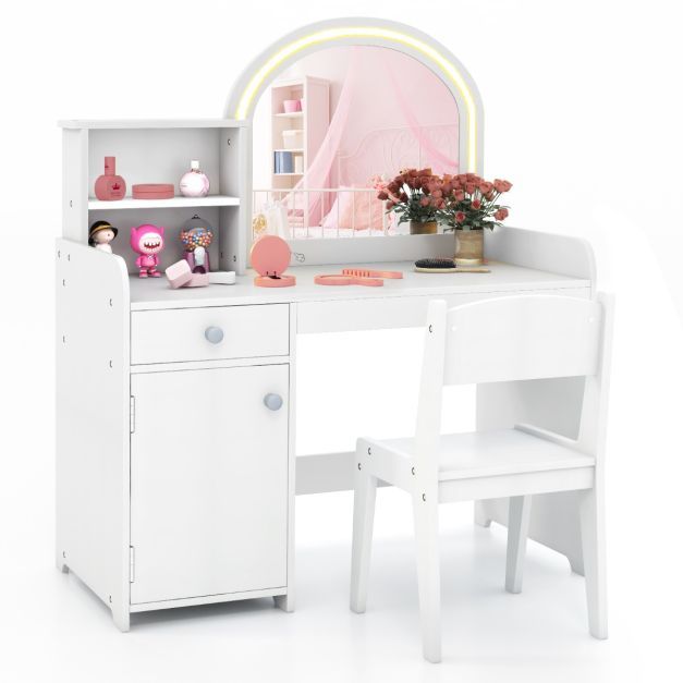 2 in 1 Kinder Schminktisch Set mit Hocker &amp; LED-Leuchten &amp; Spiegel &amp; Schublade Kosmetiktisch weiss
