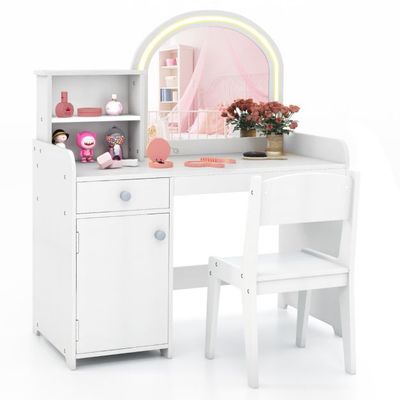 2 in 1 Kinder Schminktisch Set mit Hocker &amp; LED-Leuchten &amp; Spiegel &amp; Schublade Kosmetiktisch weiss