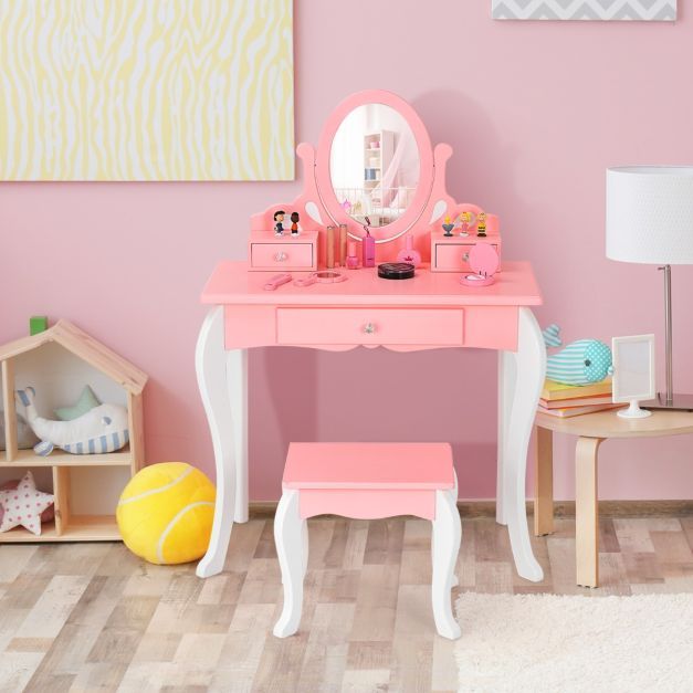 Kinder Schminktisch mit Hocker Prinzessin Frisiertisch mit 3 Schublade & Spiegel rosa