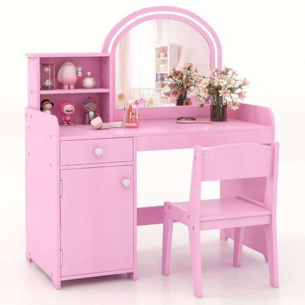 2 in 1 Kinder Schminktisch Set mit Hocker &amp; LED-Leuchten &amp; Spiegel &amp; Schublade Kosmetiktisch rosa