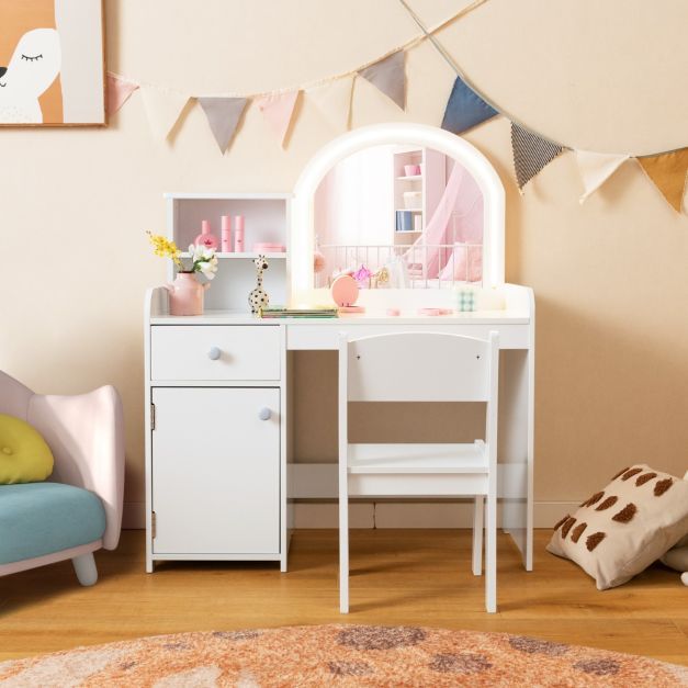 2 in 1 Kinder Schminktisch Set mit Hocker & LED-Leuchten & Spiegel & Schublade Kosmetiktisch weiss