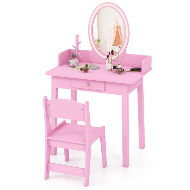 2 in 1 Kinder Schminktisch mit Hocker Frisiertisch mit Beleuchtung Rosa