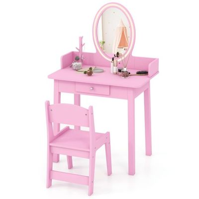 2 in 1 Kinder Schminktisch mit Hocker Frisiertisch mit Beleuchtung Rosa