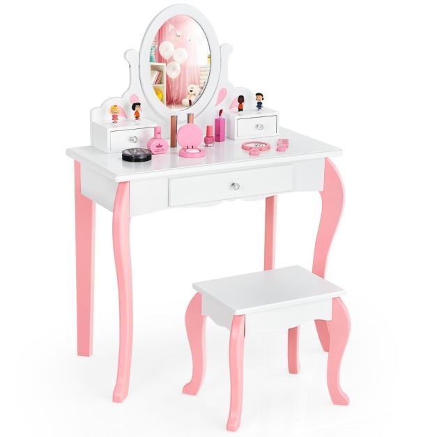 Kinder Schminktisch mit Hocker Prinzessin Frisiertisch mit 3 Schublade &amp; Spiegel weiss