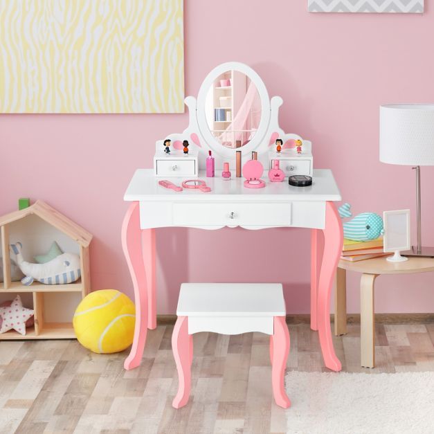 Kinder Schminktisch mit Hocker Prinzessin Frisiertisch mit 3 Schublade & Spiegel weiss