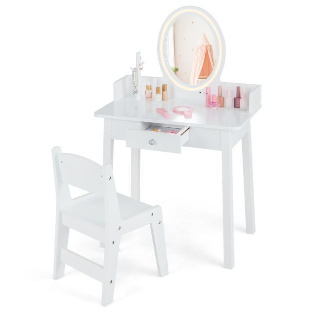 2 in 1 Kinder Schminktisch mit Hocker Frisiertisch mit Beleuchtung weiss